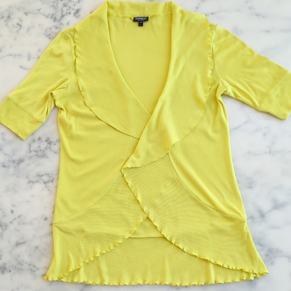 Express Cotton and Modal Bright Yellow Short Sleeve Openfront w/Ruffle Cardigan. - Picture 3 of 4